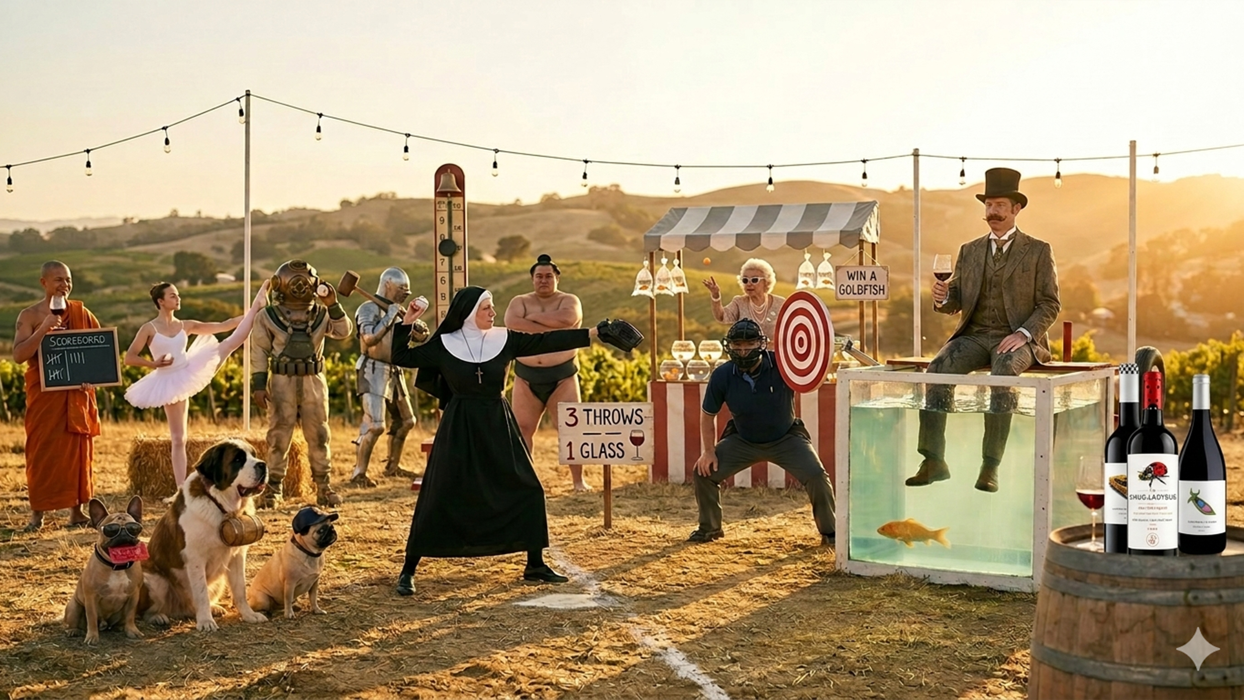 A carnival dunk tank at a McClean Vineyards event in Paso Robles at golden hour: a nun winds up to pitch at the bullseye while an umpire calls the throw, a Victorian gentleman in a top hat sits above the water holding a perfectly level glass of red wine, a koi swims in the tank, and in the background a knight fails at the high striker while a grandmother plays the goldfish toss. Real McClean Wine bottles — Smug Ladybug and One Last Syrah — displayed on a barrel in the foreground.